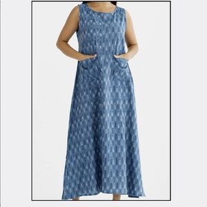 NEW! Savya Handmade Neela Ikat Handloom Dress Blue Steel 100% Cotton SZ S/M L/XL